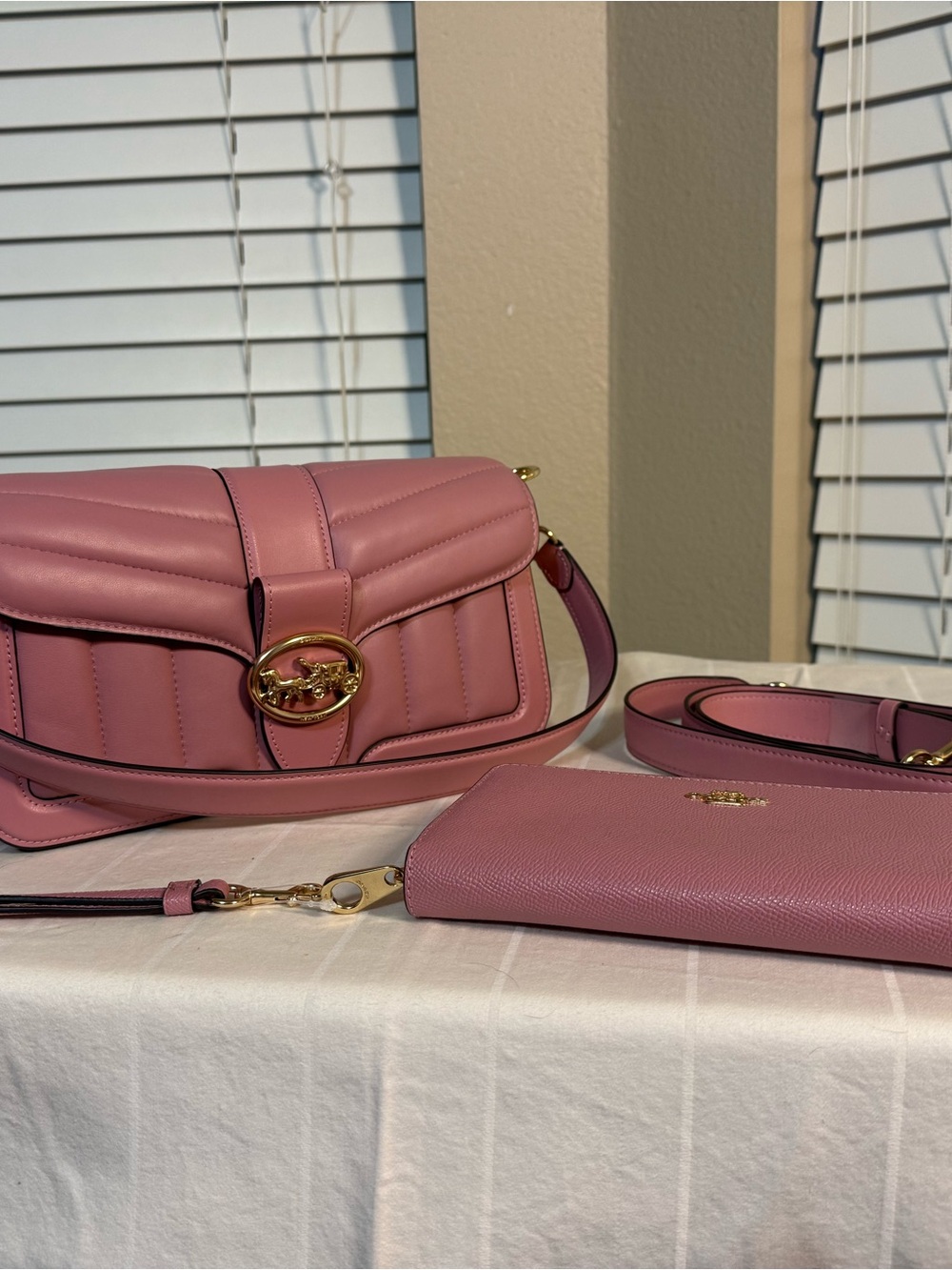 Coach Rose Quilted Leather Shoulder Bag with Matching Wristlet and Strap NWT